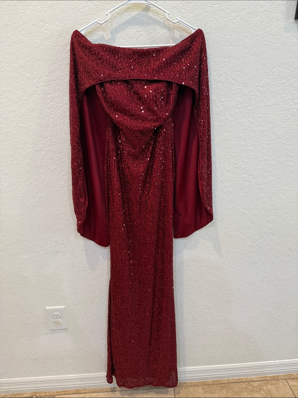 Sequin Cowl-Neck Long Sleeve Evening Gown - Burgundy